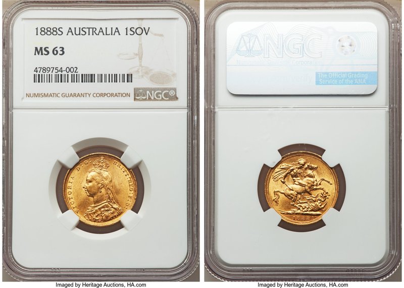 Victoria gold Sovereign 1888-S MS63 NGC, Sydney mint, KM10, S-3868B. Bearing sli...