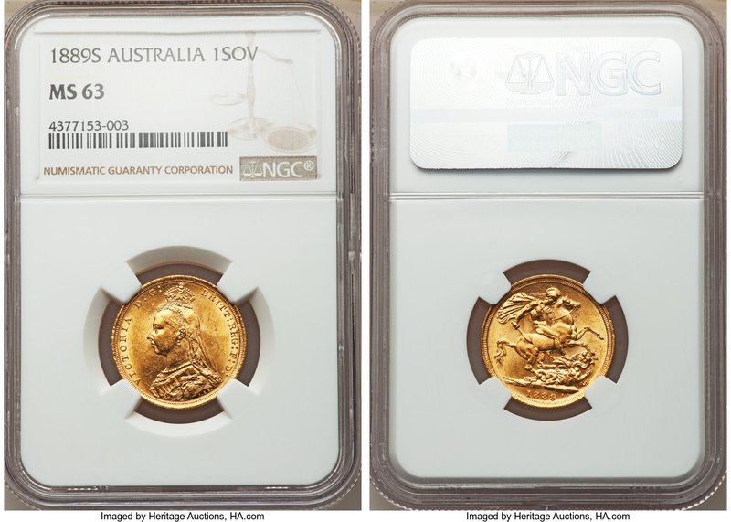 Victoria gold Sovereign 1889-S MS63 NGC, Sydney mint, KM10. D : G : close. Exhib...