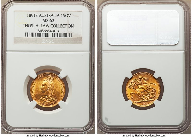 Victoria gold Sovereign 1891-S MS62 NGC, Sydney mint, KM10. A very conservativel...