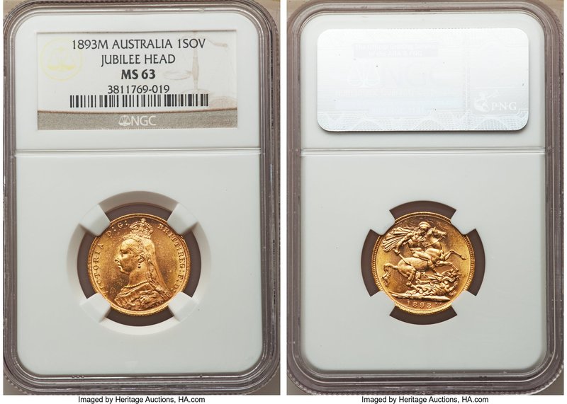 Victoria gold "Jubilee" Sovereign 1893-M MS63 NGC, Melbourne mint, KM10. The cha...