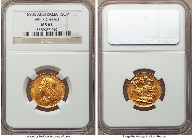 Victoria gold "Veiled Head" Sovereign 1893-S MS62 NGC, Sydney mint, KM13. Victor...