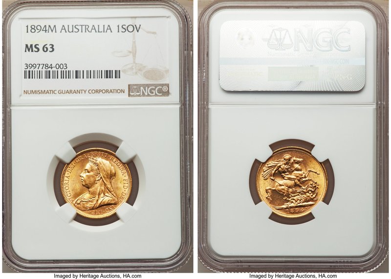 Victoria gold Sovereign 1894-M MS63 NGC, Melbourne mint, KM13. Very attractive f...