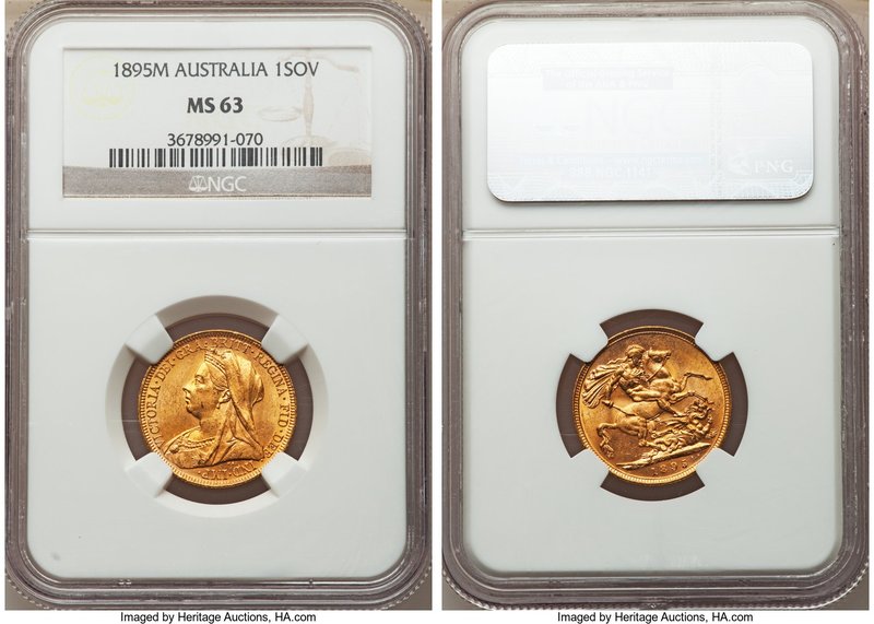 Victoria gold Sovereign 1895-M MS63 NGC, Melbourne mint, KM13. Appealingly toned...