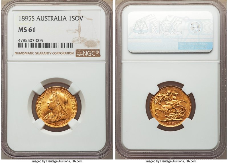 Victoria gold Sovereign 1895-S MS61 NGC, Sydney mint, KM13. Strong for the grade...