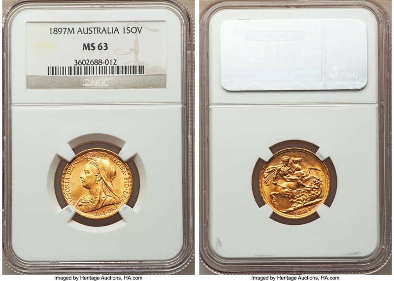 Victoria gold Sovereign 1897-M MS63 NGC, Melbourne mint, KM13. Lustrous and appe...