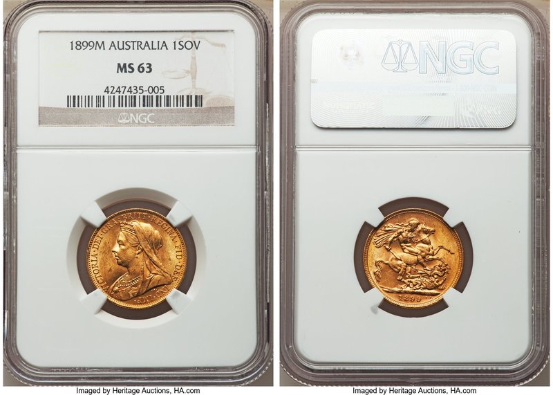 Victoria gold Sovereign 1899-M MS63 NGC, Melbourne mint, KM13. Some striking sof...