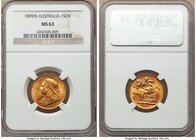 Victoria gold Sovereign 1899-M MS63 NGC, Melbourne mint, KM13. Some striking softness to St. George on the reverse, in all other respects well-struck ...