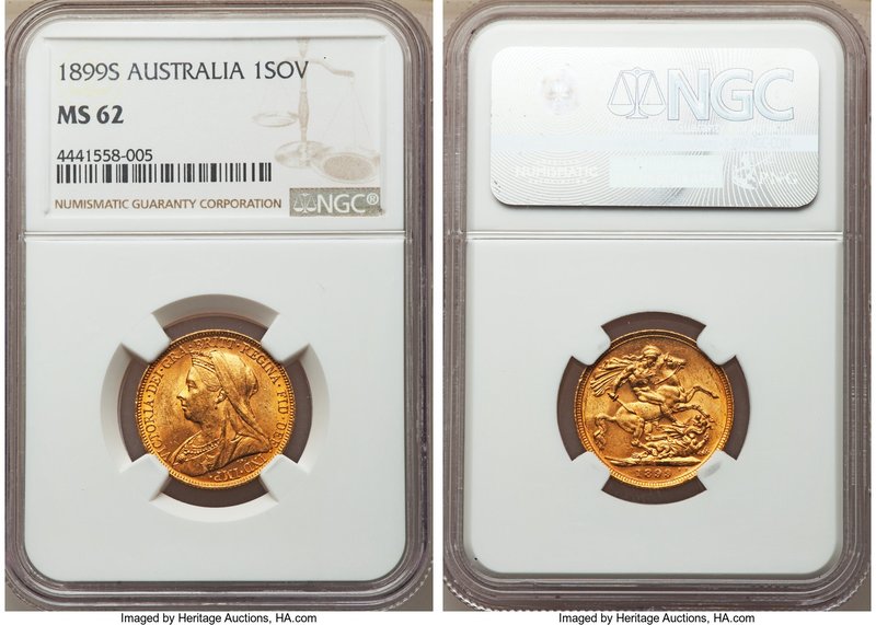 Victoria gold Sovereign 1899-S MS62 NGC, Sydney mint, KM13. Appealing and lustro...