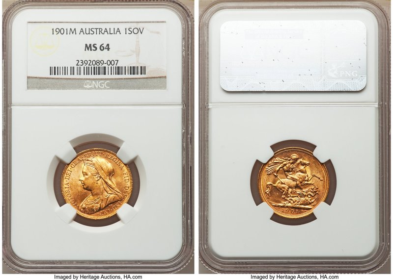 Victoria gold Sovereign 1901-M MS64 NGC, Melbourne mint, KM13. Tied for finest c...