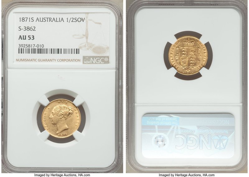 Victoria gold 1/2 Sovereign 1871-S AU53 NGC, Sydney mint, KM5. A scarce early Au...