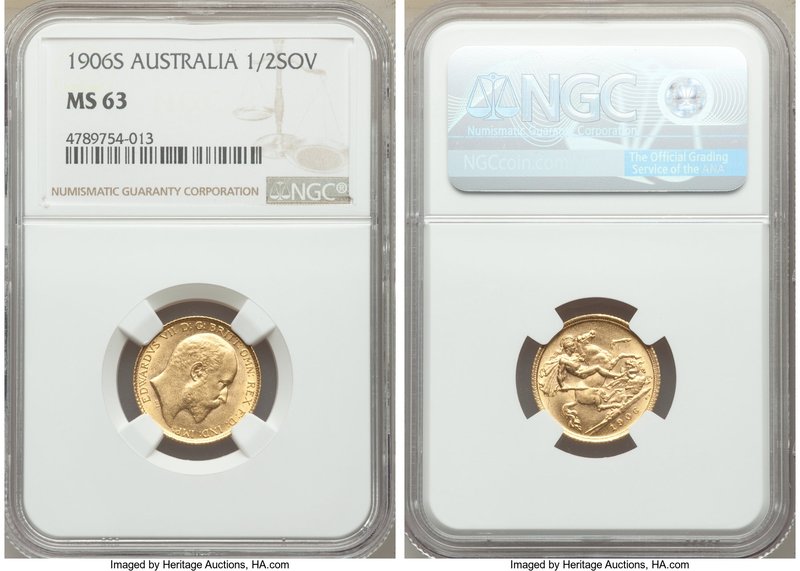 Edward VII gold 1/2 Sovereign 1906-S MS63 NGC, Sydney mint, KM14. Centrally stru...
