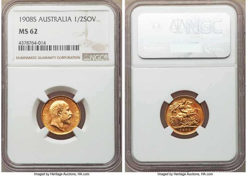 Edward VII gold 1/2 Sovereign 1908-S MS62 NGC, Sydney mint, KM14. A beautiful fr...