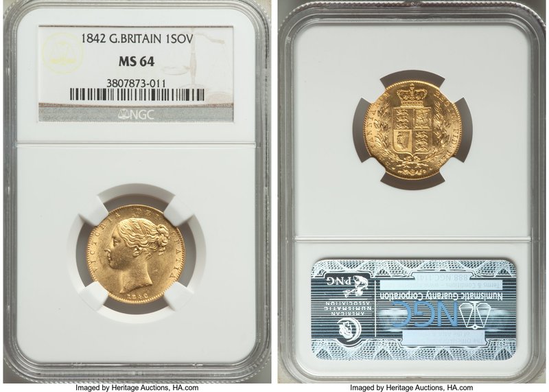Victoria gold Sovereign 1842 MS64 NGC, KM736.1, S-3852. A captivating canary yel...