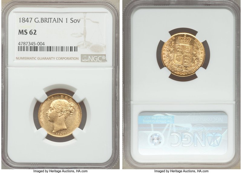 Victoria gold Sovereign 1847 MS62 NGC, KM736.1, S-3852. Some scattered contact m...