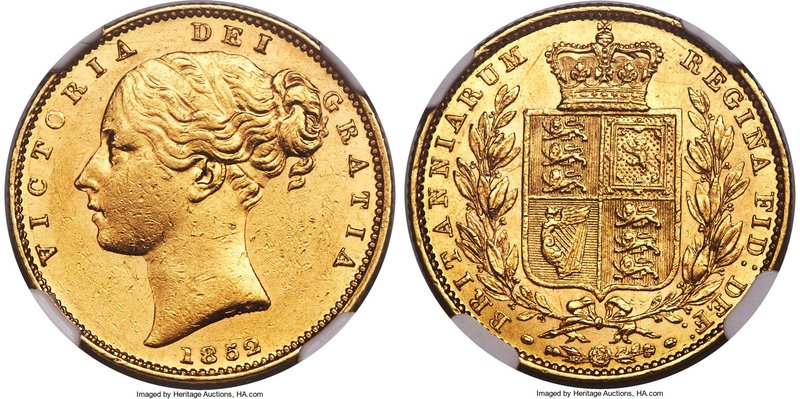 Victoria gold "Inverted A" Sovereign 1852 AU58 NGC, KM736.1, S-3852C. Inverted "...