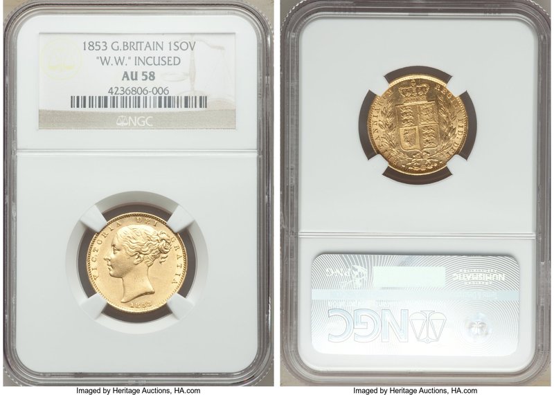 Victoria gold Sovereign 1853 AU58 NGC, KM736.1. Type with "W.W." incuse on trunc...
