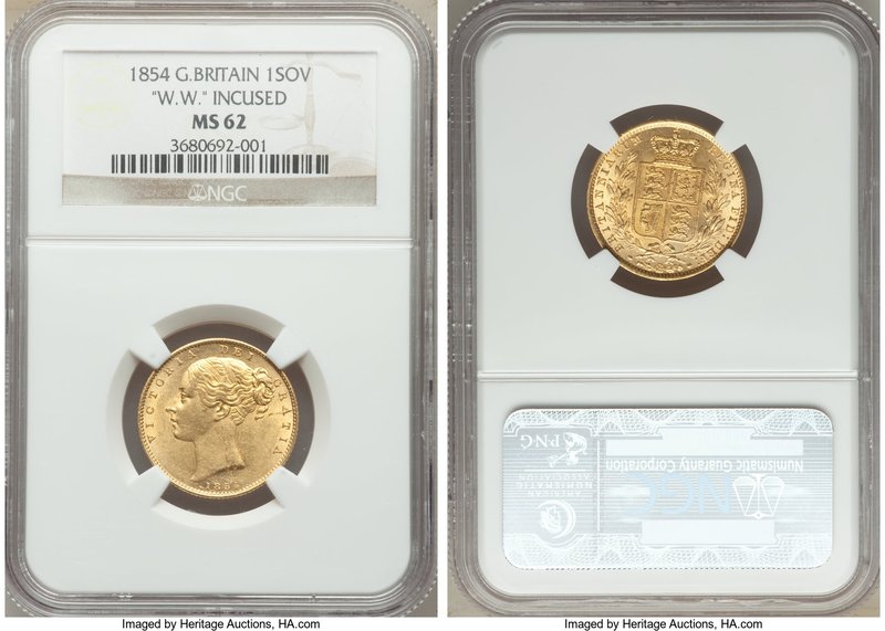 Victoria gold Sovereign 1854 MS62 NGC, KM736.1, S-3852D. "W.W." incuse on trunca...