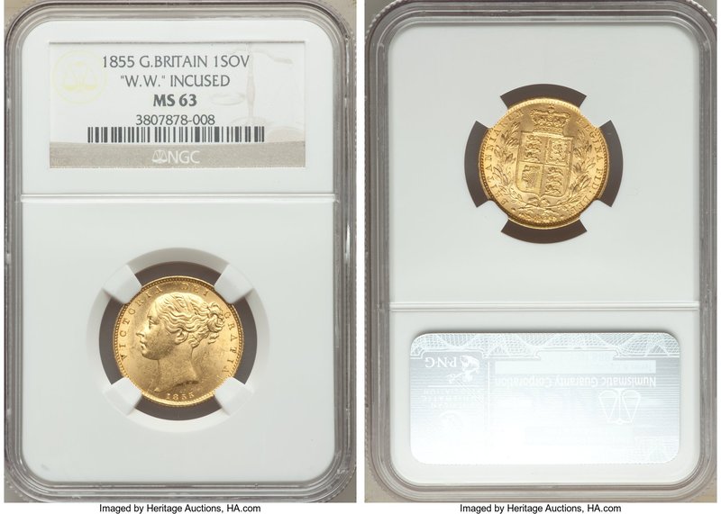 Victoria gold Sovereign 1855 MS63 NGC, KM736.1, S-3852D. "W.W." incuse on trunca...