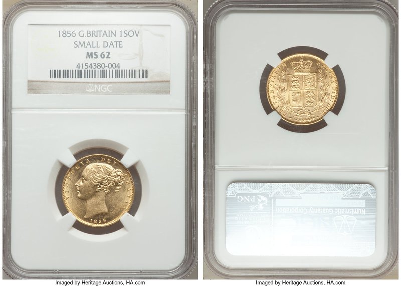 Victoria gold Sovereign 1856 MS62 NGC, KM736.1, S-3852. Small date. Bright lemon...