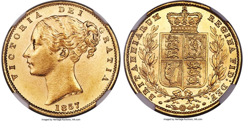 Victoria gold Sovereign 1857 MS63 NGC, KM736.1, S-3852D. A rarer date, ever-popu...