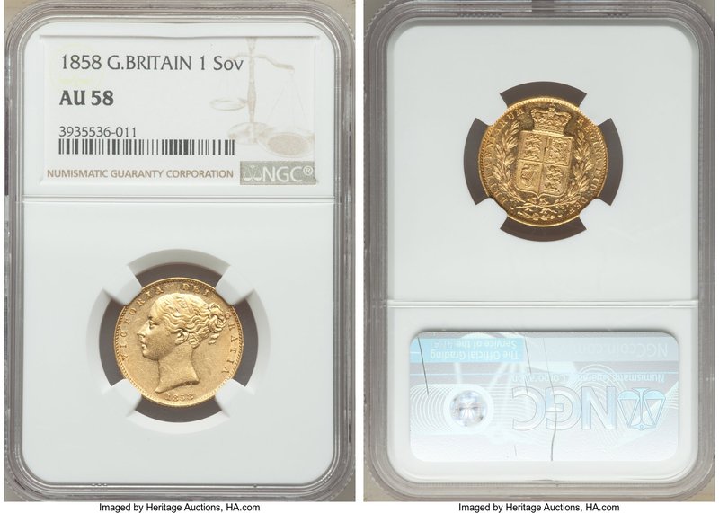 Victoria gold Sovereign 1858 AU58 NGC, KM736.1. Premium for the grade with proof...