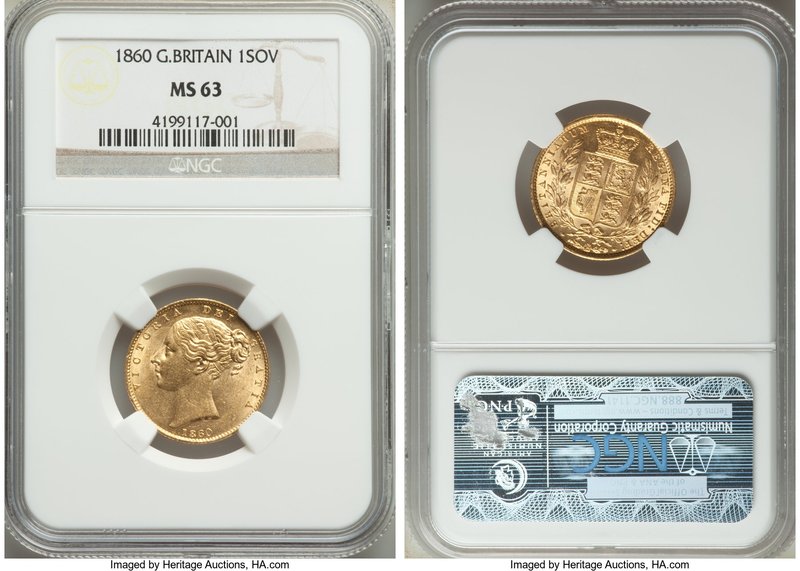 Victoria gold Sovereign 1860 MS63 NGC, KM736.1, S-3852D. Large "0" in date. Bold...