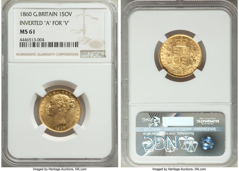 Victoria gold "Inverted A/Roman I" Sovereign 1860 MS61 NGC, KM736.1, S-3852D. In...