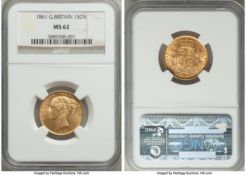 Victoria gold Sovereign 1861 MS62 NGC, KM736.1. Scuffed to Victoria's cheek in l...
