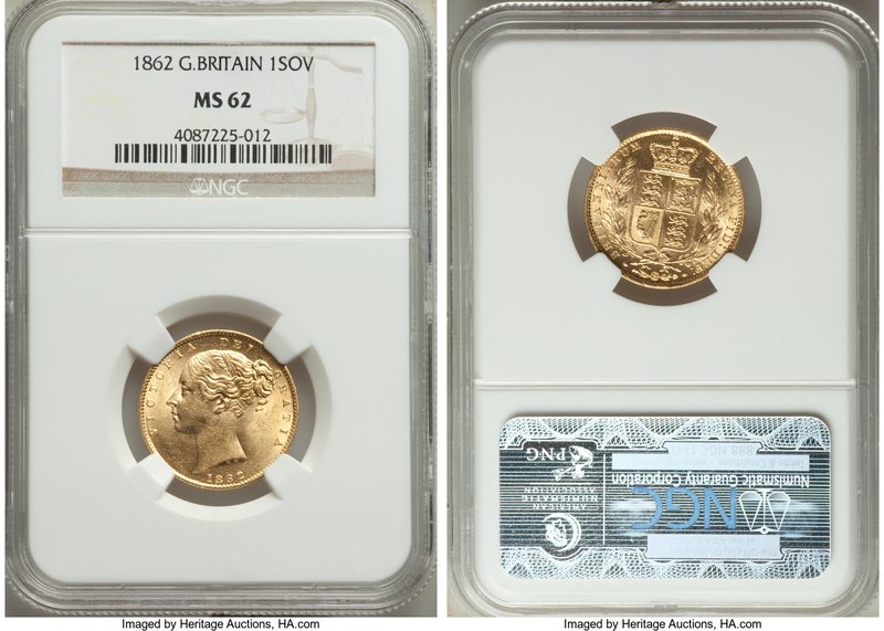Victoria gold Sovereign 1862 MS62 NGC, KM736.1, S-3852D. Canary-yellow with brig...