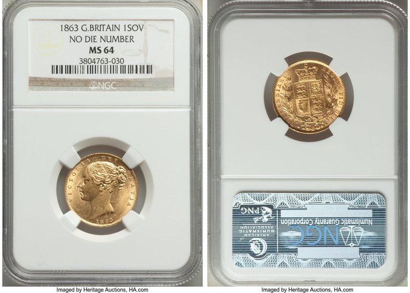 Victoria gold Sovereign 1863 MS64 NGC, KM736.2, S-3852D. Without die number. The...