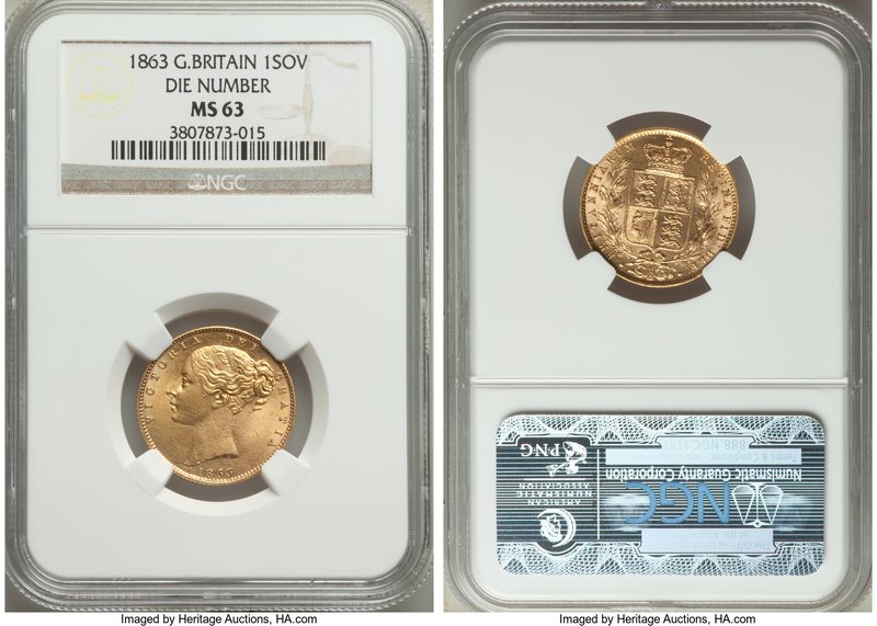 Victoria gold Sovereign 1863 MS63 NGC, KM736.2, S-3853. Variety with die number....