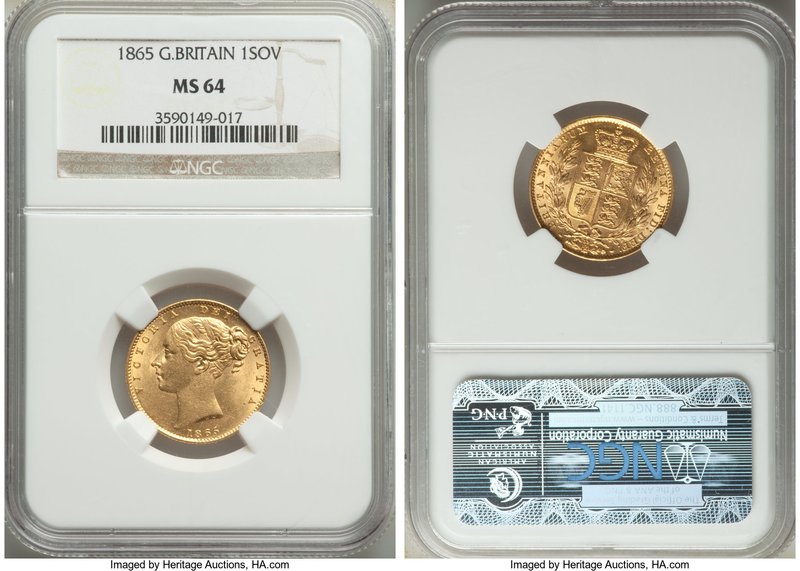 Victoria gold Sovereign 1865 MS64 NGC, KM736.2, S-3853. Superb, a strong represe...