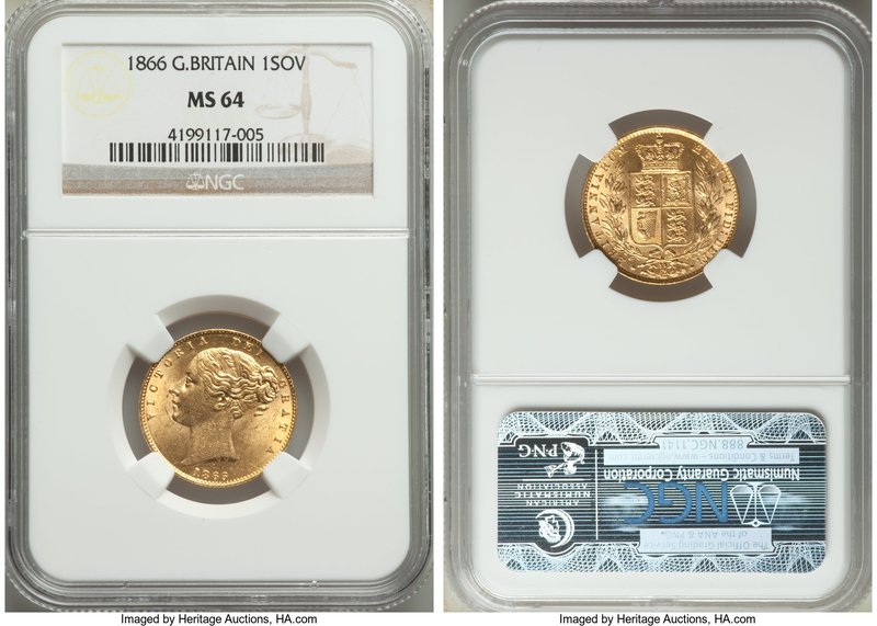 Victoria gold Sovereign 1866 MS64 NGC, KM736.2, S-3853. A very difficult date to...