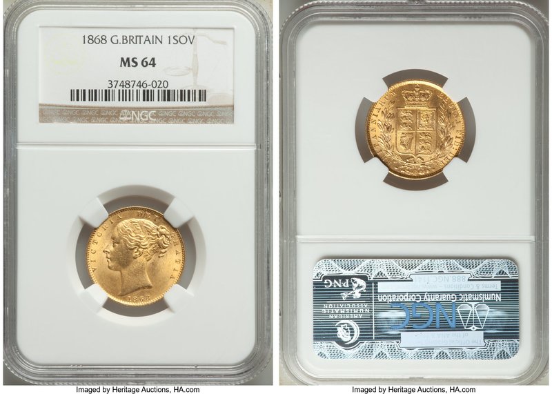 Victoria gold Sovereign 1868 MS64 NGC, KM736.2, S-3853. Tied for finest certifie...