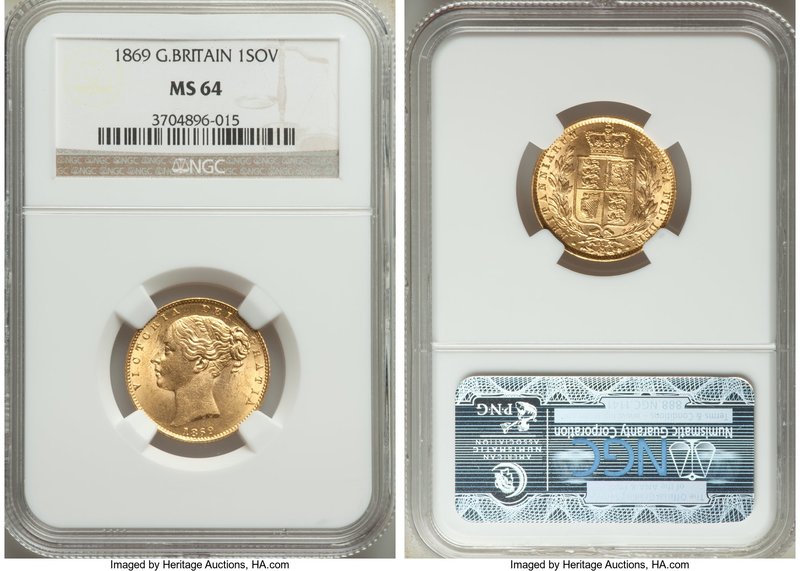 Victoria gold Sovereign 1869 MS64 NGC, KM736.2, S-3853. Near-flawless, boasting ...