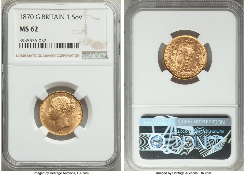 Victoria gold Sovereign 1870 MS62 NGC, KM736.2. One can only assume that this wa...