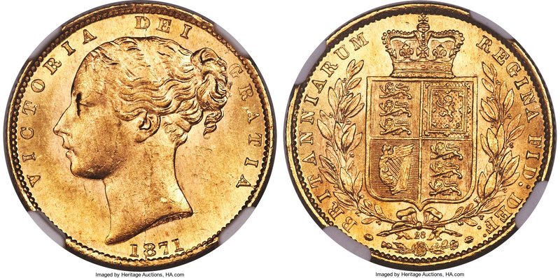 Victoria gold "Shield" Sovereign 1871 MS65 NGC, KM752, S-3856. Retaining perfect...
