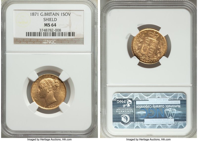 Victoria gold "Shield" Sovereign 1871 MS64 NGC, KM752, S-3856. Bearing the usual...