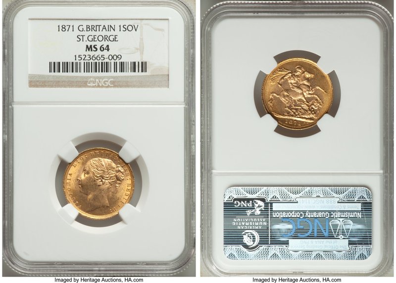 Victoria gold "St. George" Sovereign 1871 MS64 NGC, KM752, S-3856A. A fantastic ...