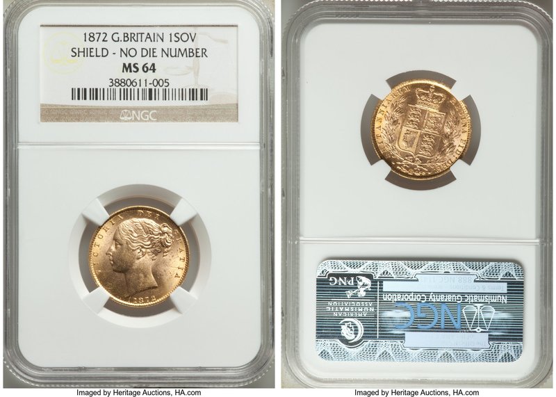 Victoria gold "Shield" Sovereign 1872 MS64 NGC, KM736.1, S-3856A. No die number....