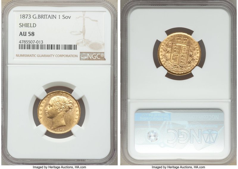 Victoria gold "Shield" Sovereign 1873 AU58 NGC, KM752. Approaching Mint State, w...