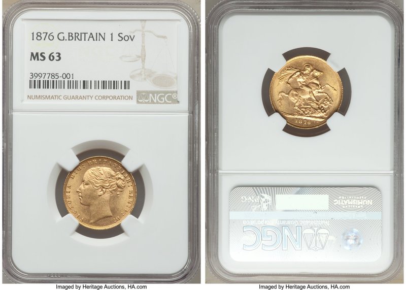 Victoria gold Sovereign 1876 MS63 NGC, KM752, S-3856A. Well-struck and fully cho...