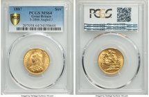 Victoria gold "Jubilee Head" Sovereign 1887 MS64 PCGS, KM767, S-3866. Angled "J" in "J.E.B." on truncation. A bright near-gem with intoxicating butter...