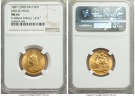 Victoria gold "Jubilee Head" Sovereign 1887 MS62 NGC, KM767, S-3866A. Small "J.E.B.". Richly colored, a butter-gold specimen with pleasing silky luste...