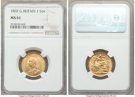 Victoria gold Sovereign 1892 MS61 NGC, KM767. Exhibiting some striking softness to the high points, otherwise true Mint State. AGW 0.2354 oz. 

HID098...