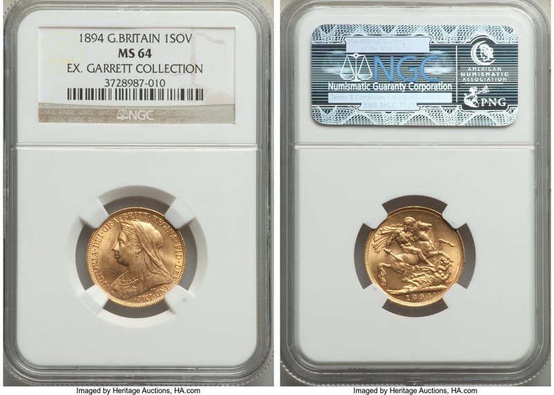 Victoria gold Sovereign 1894 MS64 NGC, KM785, S-3874. Tied for finest certified,...