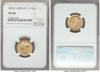 Victoria gold 1/2 Sovereign 1865 AU58 NGC, KM735.2, S-3860. Bordering on Mint State, lightly lustrous with a spot of excess metal by Victoria's ear. A...