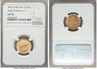 Victoria gold 1/2 Sovereign 1872 AU58 NGC, KM5. Victoria's nose points to T in VICTORIA. Very close to Mint State with charming lustrous luminescence....