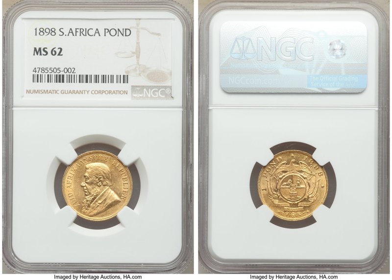 Republic gold Pond 1898 MS62 NGC, Pretoria mint, KM10.2. Usual weakness on the e...