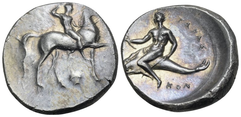 CALABRIA. Tarentum. Circa 302 BC. Didrachm or nomos (Silver, 22.5 mm, 7.94 g, 6 ...